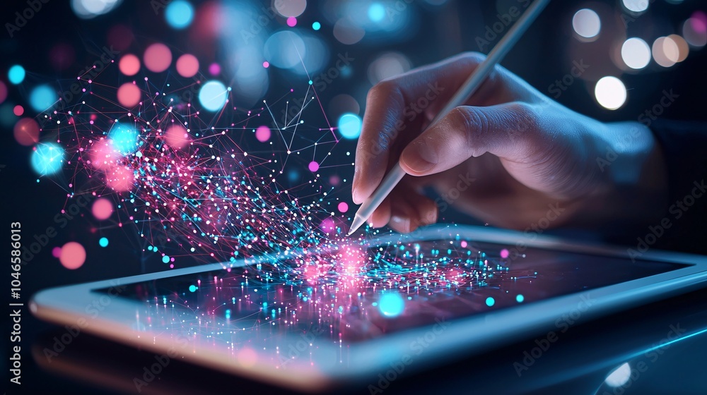 Poster a digital artist uses a tablet with ai software to create a vibrant piece of abstract art, with neur