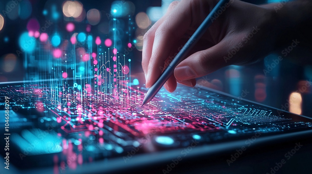Poster a digital artist uses a tablet with ai software to create a vibrant piece of abstract art, with neur