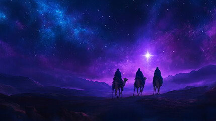 Three wise men riding camels across a desert under a starlit sky, with the Star of Bethlehem brightly illuminating their path, against a deep blue and purple night sky, inspiring Christmas card