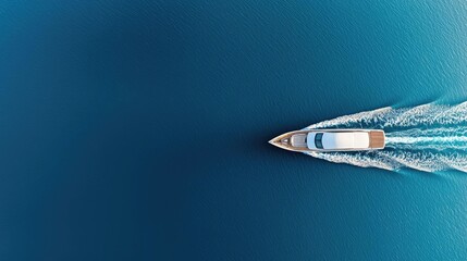 Obraz premium Aerial view of a boat gliding smoothly over deep blue waters.