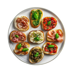 Crostini with Various Toppings on a white plate, isolated transparent background, Generative AI