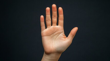 An open hand with palm facing the camera against a dark backdrop, symbolizing stop, attention, or greeting in a minimalistic photographic composition.
