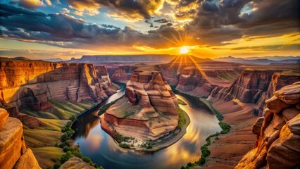 Majestic Dawn Breaking Over Vast Canyon Landscape with Warm Golden Light Illuminating Nature's Beauty