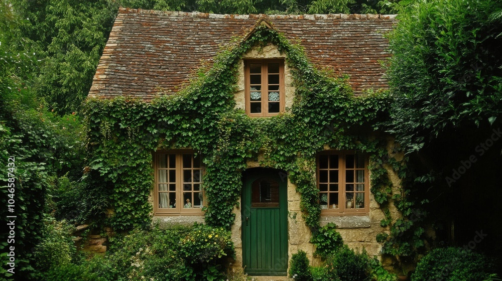 Sticker Cottage with ivy-covered walls.