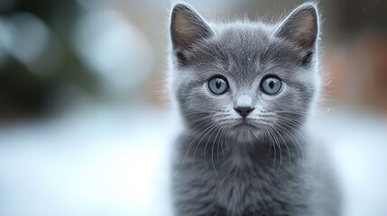 A fluffy gray kitten with big, curious eyes is intently staring into the camera against a softly blurred background, evoking feelings of warmth and happiness.
