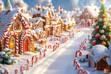 Naklejka premium Festive Gingerbread Village with Candy Cane Pathway and Decorated Christmas Tree