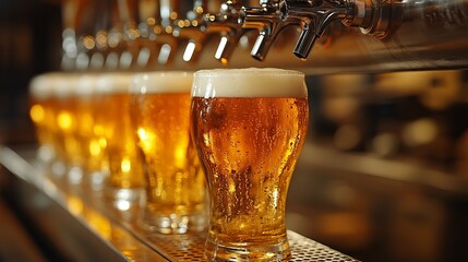 A row of golden beers sits enticingly beneath gleaming taps in a lively pub atmosphere, promising refreshment and camaraderie for patrons.