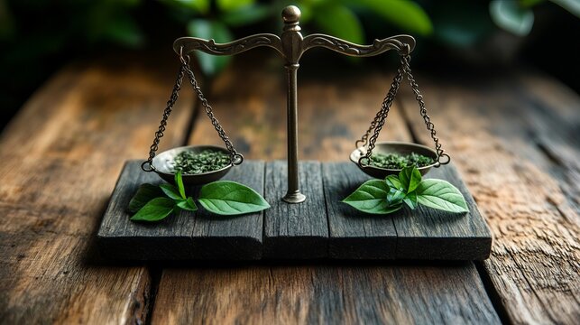A vintage decorative scale displaying balanced portions of fresh green herbs and leaves resting on a rustic wooden board, symbolizing harmony and nature's balance.