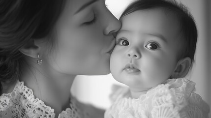 A touching black-and-white image of a mother kissing her baby gently on the cheek, emphasizing love, connection, and the bond of family relationships.