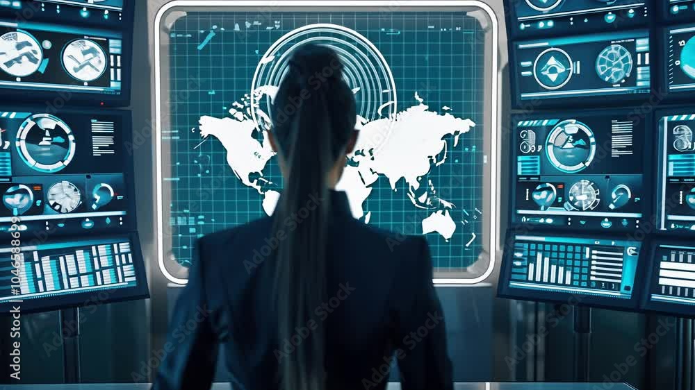 Poster a skilled analyst interprets complex data displayed on numerous screens, showcasing technical expert
