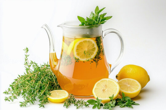 Glass teapot with soothing lemon and thyme tea infusion
