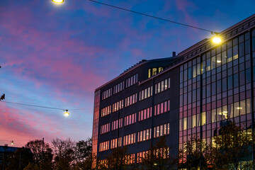 Stockholm, Sweden  An autumn dawn view of the Ringvagen road on Sodermalm and the reflection of the...