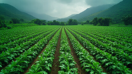 rows of growing potatoes in a field close up