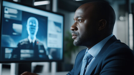 Fototapeta premium Businessman Analyzing Digital Identity Data on Futuristic Screen, Focused businessman interacting with a digital interface displaying virtual identity and data analysis in a modern corporate setting.