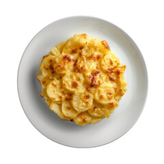 Scalloped Potatoes on a white plate, isolated transparent background, Generative AI