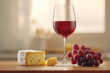 Elegant wine glass filled with rich red liquid, accompanied by grapes and cheese, bathed in warm ambient light.