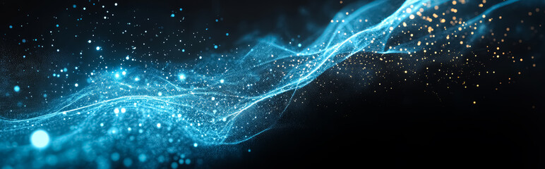 Abstract big data and cybersecurity glowing light background. Neural networks and artificial intelligence. Information waves and global database. Abstract technological illustration.