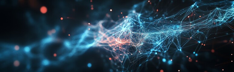 Abstract big data and cybersecurity background. Neural networks and artificial intelligence. Information waves and global database. Abstract technological illustration.