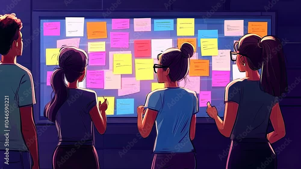 Poster students brainstorm and collaborate on a project using colorful sticky notes on a board in their sch