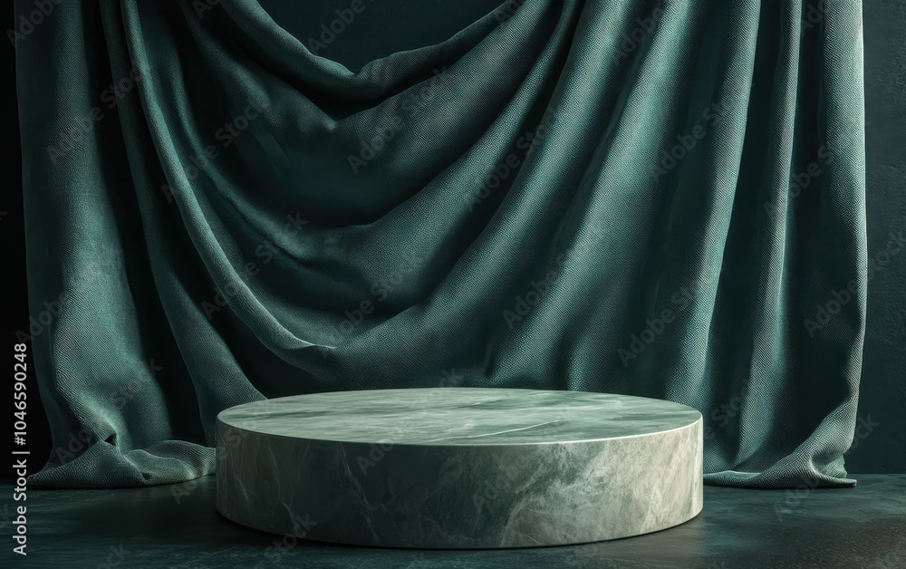 Poster elegant round pedestal with luxurious green drapery in a moody setting ideal for product display or 