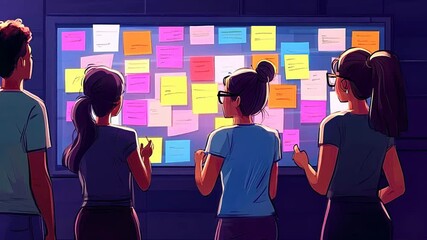 Students brainstorm and collaborate on a project using colorful sticky notes on a board in their school during the afternoon