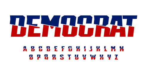Split geometric alphabet, sharp offset letters, red and blue impactful statement font for political typography, election headline, striking USA-themed font. Vector typeset.