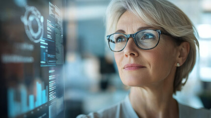 Mature Professional Analyzing Data on Futuristic Digital Interface, Close-up of a mature woman with glasses analyzing data on a futuristic digital display in a modern office environment.

