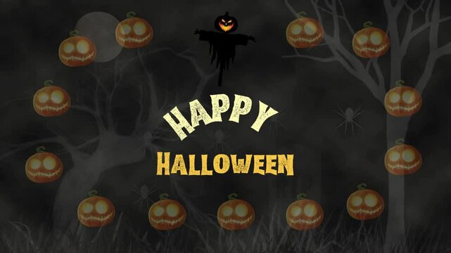 Happy Halloween with flicking pumpkins, a scarecrow for party invitations, greeting card glowing on the night forest background.