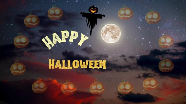 Happy Halloween with flicking pumpkins, a scarecrow a full moon for party invitations, and a greeting card glowing on the night road background.