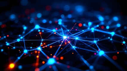Obraz premium Network Connection Glow with Blue and Orange Dots on Dark Background, generative AI