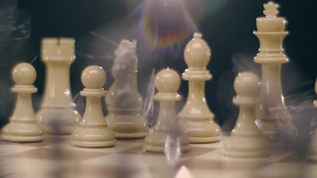 Lacquered chess pieces sparkle in the ray of light and the light source creates a beautiful rainbow flare. Closeup. Follow focus. Shallow depth of field