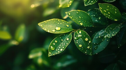 A close-up of raindrops on fresh green leaves after a storm.