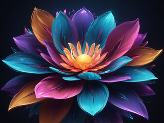 abstract Beautiful digital color flower, Fantasy design glowing petals dark background