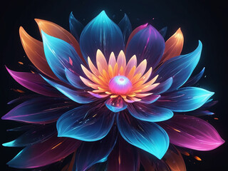 abstract Beautiful digital color flower, Fantasy design glowing petals on dark background