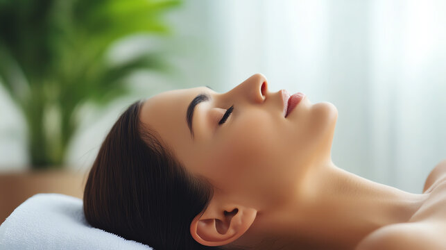A serene woman enjoying a facial treatment in a calming environment, promoting relaxation and self-care, with soft lighting and green foliage.