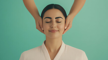 A serene woman enjoying a relaxing head massage in a calm environment, promoting wellness and tranquility.