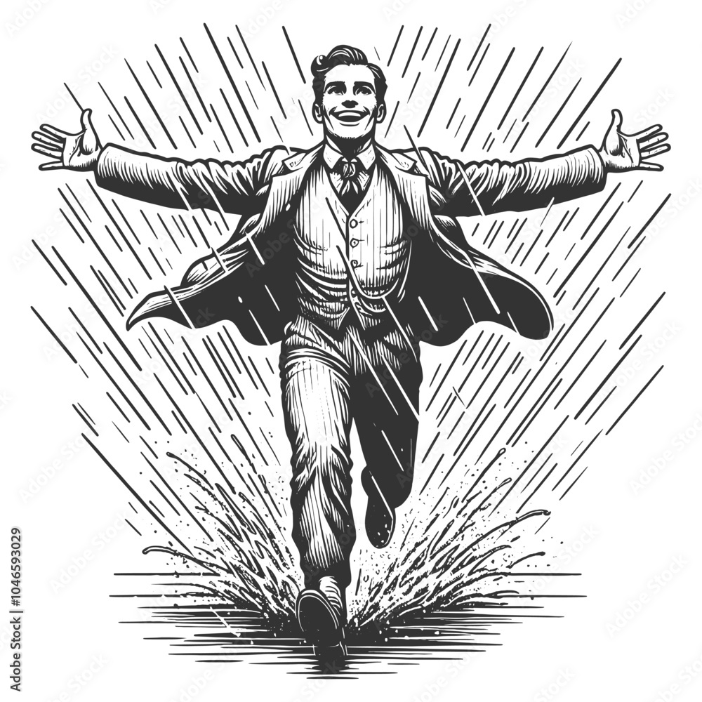 Poster man in suit running joyfully through the rain, expressing freedom and happiness in an engraved style