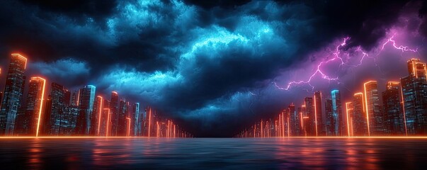 Fototapeta premium Futuristic city skyline with neon lights and dramatic stormy skies.