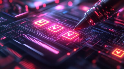 A futuristic tech interface featuring glowing checkmarks being ticked off by a digital pen, illustrating modern advancements and technological efficiency.