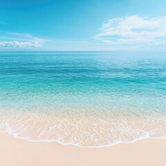 A serene beach scene capturing gentle waves lapping against a sandy shore under a bright blue sky, perfect for relaxation.