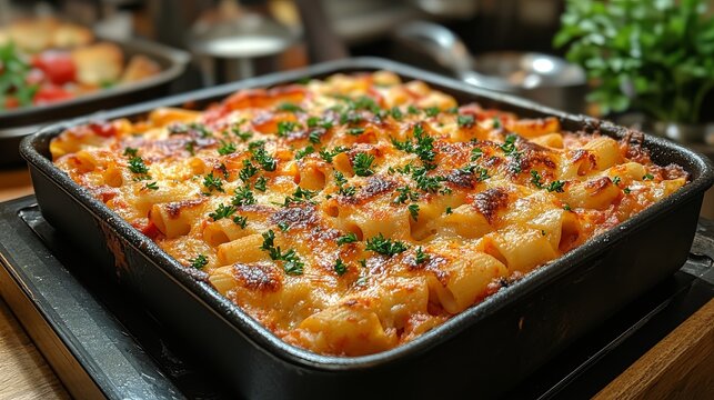 A golden-baked ziti dish topped with fresh herbs is presented in a warm, inviting kitchen ambiance, evoking a sense of home-cooked comfort and nourishment.