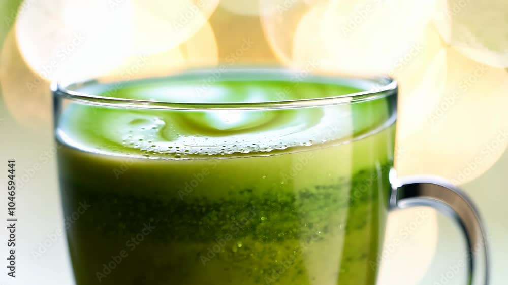 Poster glass of freshly brewed matcha tea with a smooth, frothy surface, set against a soft, bokeh backgrou