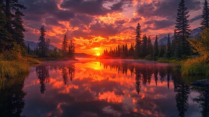 A fiery sunset casting reflections on a lake.