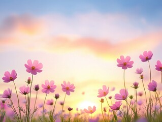 A serene landscape featuring vibrant pink flowers under a soft sunset, creating a peaceful and calming atmosphere.