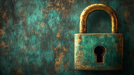 An antique teal padlock with visible rust details is set against a textured and weathered teal background, providing a sense of mystery and nostalgia.