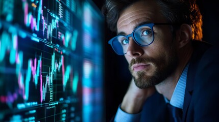 A focused individual with glasses intently studies glowing stock data charts on a high-resolution screen, highlighting the financial analysis process.