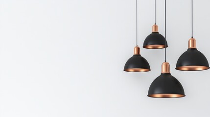 Obraz premium A striking combination of copper and black pendant lights, hanging against a minimalist white background, perfect for modern interiors.