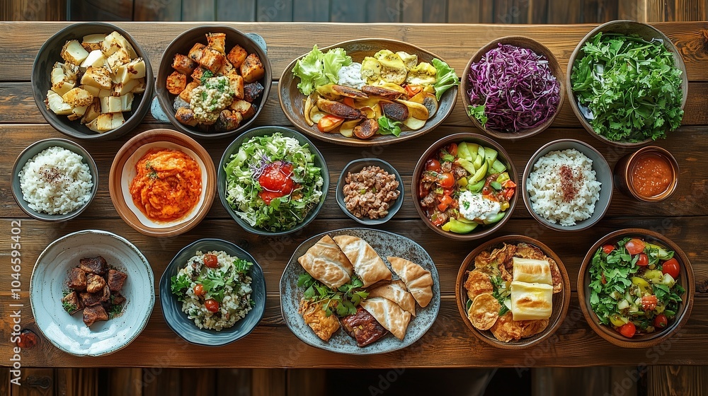 Wall mural dishes and salads on a wooden table