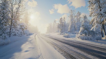 Winter Road Covered with Snow on a Sunny Day