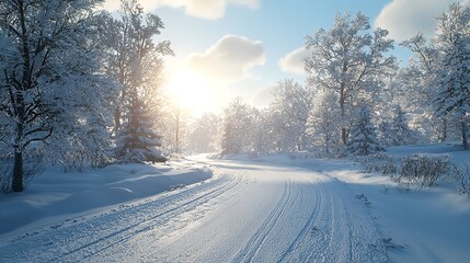 Obraz premium Winter Road Covered with Snow on a Sunny Day